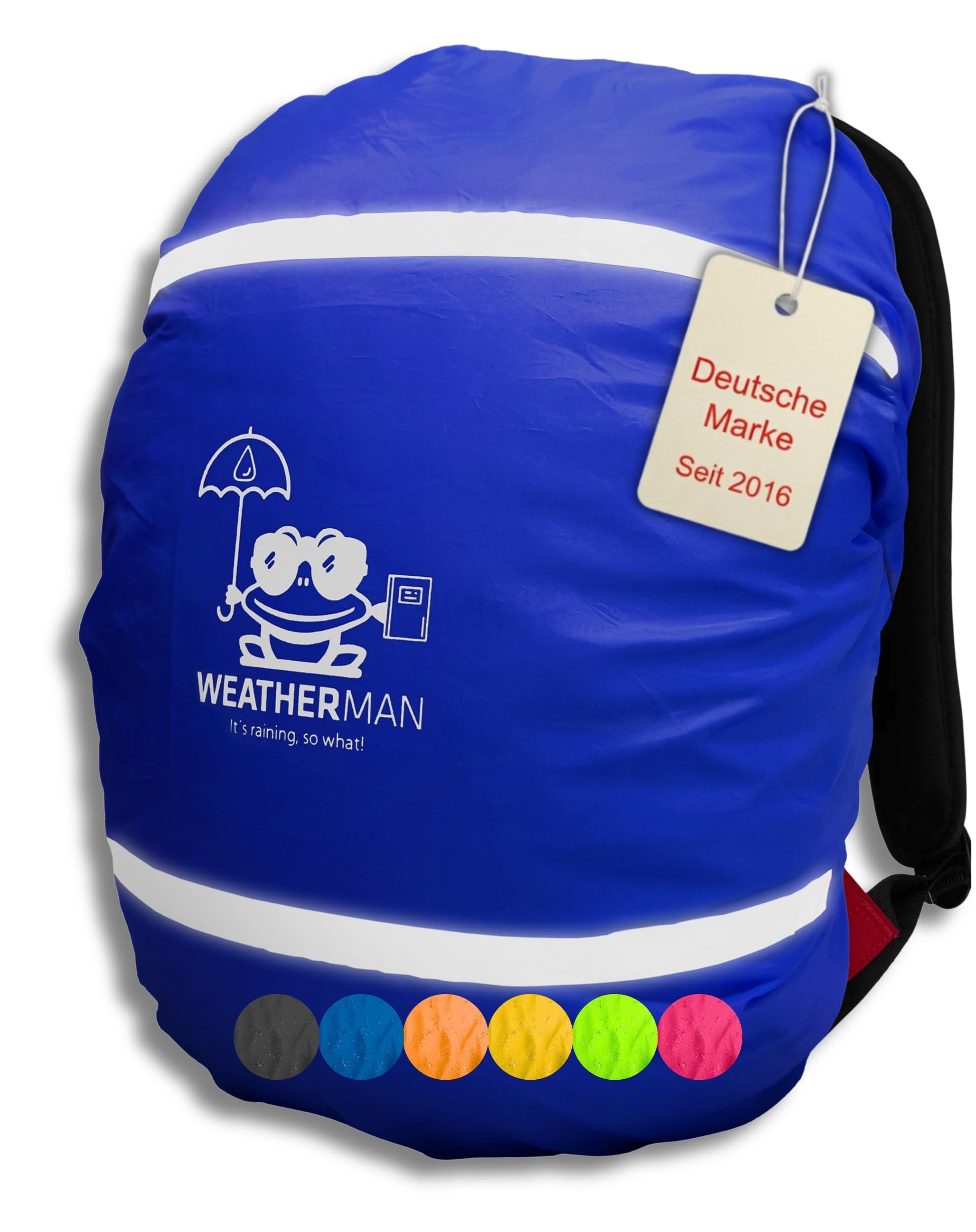 WM Weather Man rain cover hood for school bag, satches or rucksack and backpack with elastic ribbon and reflective stripes for safety and visability (blue)