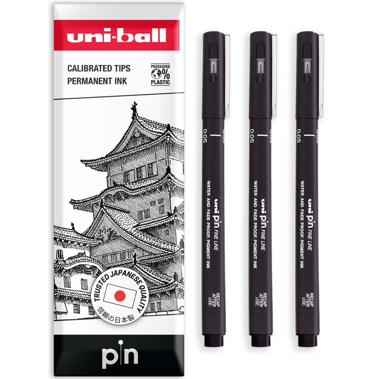 uni-ball PIN Fineliners | Black Fine Tipped Writing Pens | Water & Fade Resistant Ink | Ideal for Sketching, Scrapbooking, Outlining, Art, Technical Drawing | In Envelope Gift Bag (Pack of 3, 0.05mm)