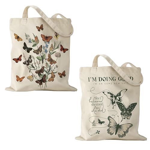 2 PCS Shopping Bags Canvas Tote Bag for Women Girls Carrier Bags Reusable Foldable Lightweight Canvas Bag for Shopping Grocery (Butterfly)