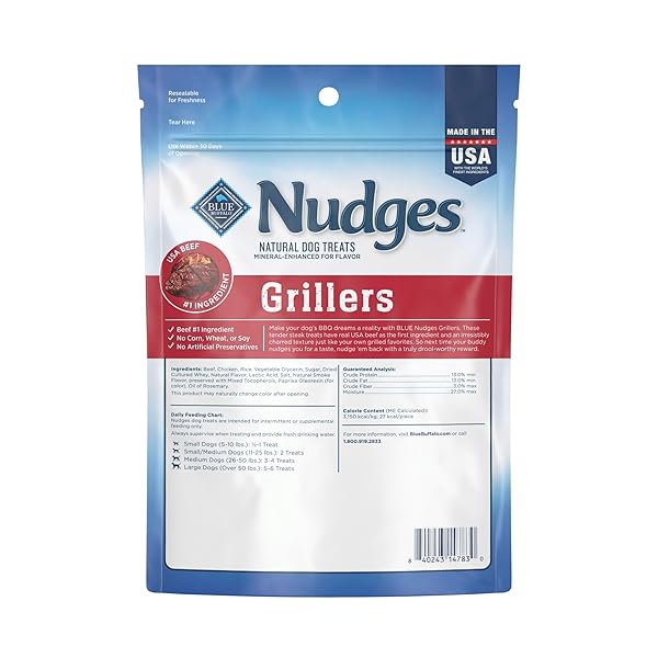 BLUE BUFFALO NUDGES GRILLERS NATURAL DOG TREATS, MADE IN THE USA WITH REAL STEAK, 5-OZ BAG