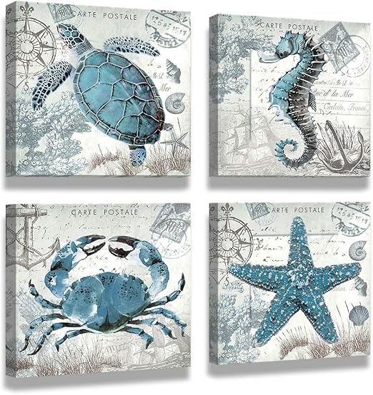 Amazon Com Wall Art For Bathrooms Turtle Bathroom Decor Ocean Decor Hawaii Decor Grey Bathroom Decore Nautical Decoration Children S Room Wall Art12 X 12 Inch X 4 Panel Canvas Prints Wooden Frames For