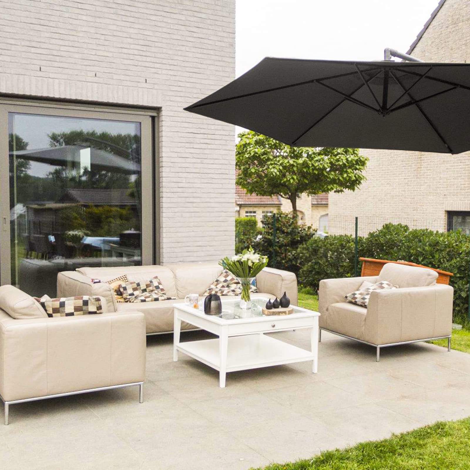 Tubiaz Sonnenschirm 300cm Ampelschirm Groß Alu Kurbelschirm mit Ständer UV-Schutz 40+ Parasol Wasserdicht Gartenschirm Marktschirm für Balkon, Garten, Terrasse,Grau 2