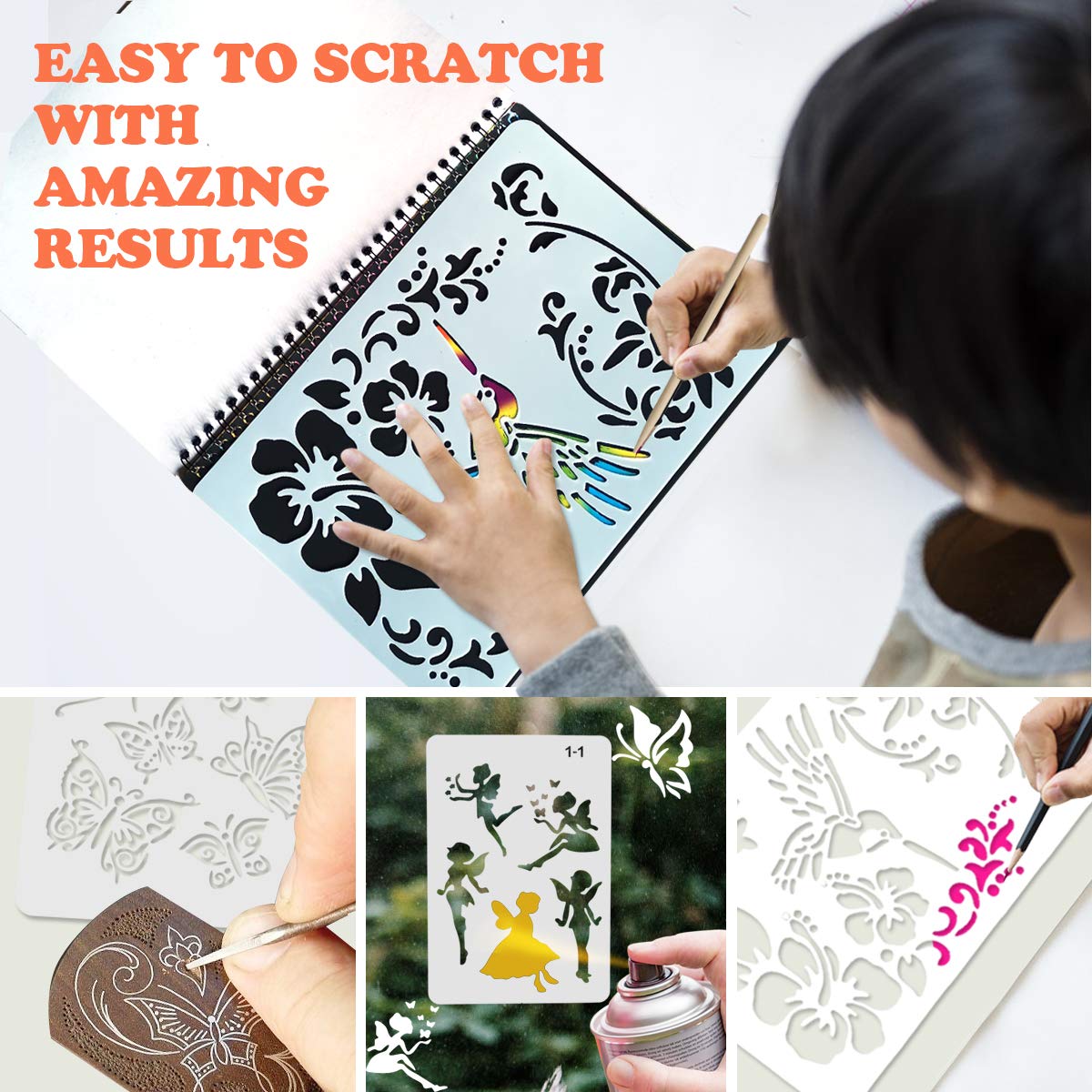 Mocoosy 3 Pack Rainbow Scratch Art Paper Notebooks, Spiral Bound Magic Scratch Book for Kids Arts Crafts Supplies, Black Scratch Note Sketch Pads Artist Drawing Activity Gifts for Boys Girls Ages 3-12
