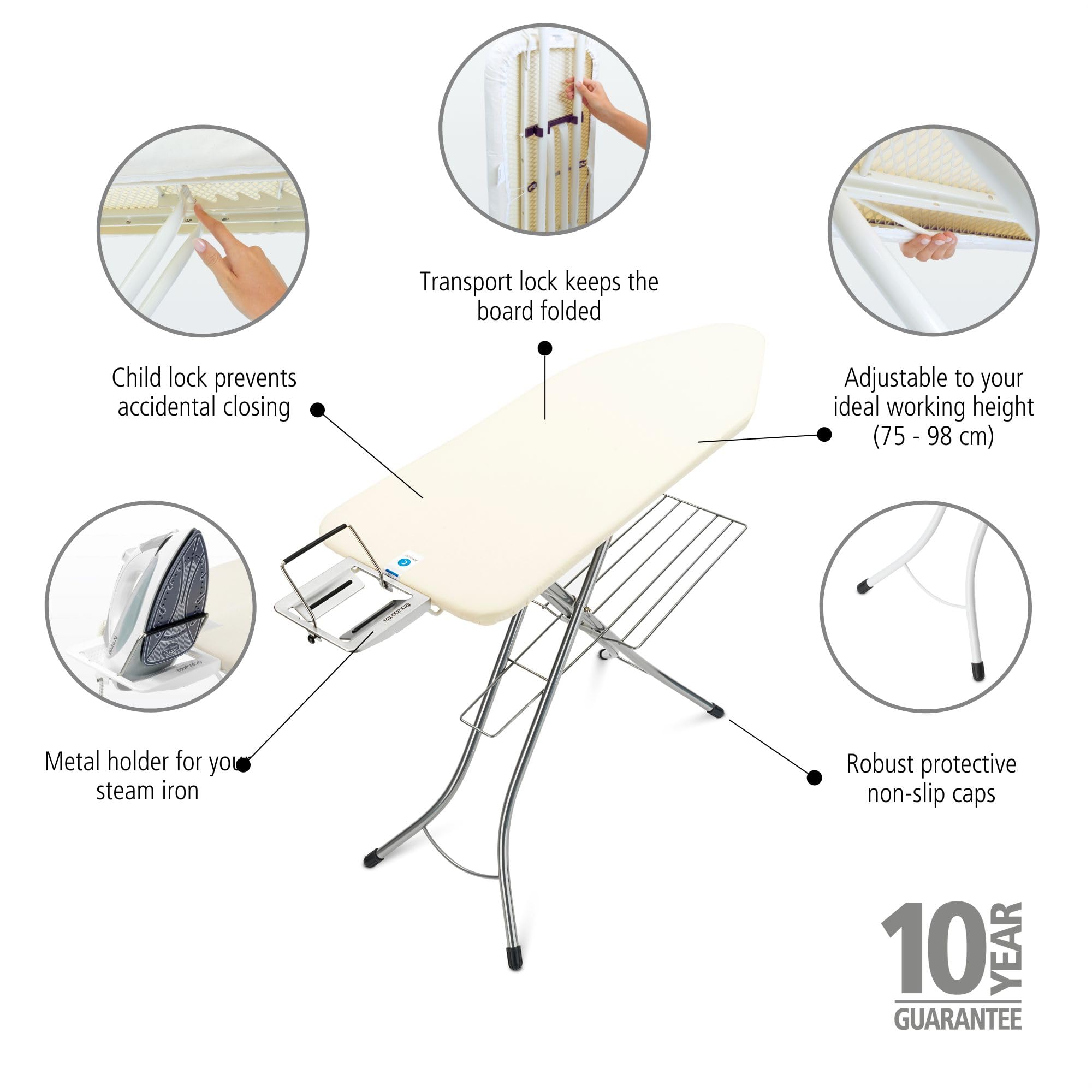 Brabantia Size C Ironing Board (49 x 18in) 7 Height Options, Adjustable Steam Iron Rest Holder & Linen Rack (Ecru) Non-Slip Feet, Anti-Collapse Child Locks