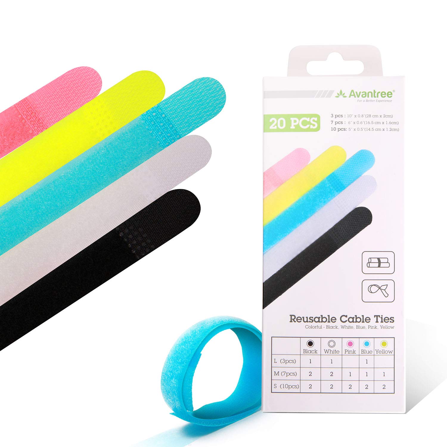 Avantree Reusable Cable Ties. Colorful 20 Pcs Set. Durable and Reusable