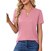 AKEWEI Short Sleeve Blouses for Women V Neck T Shirts Pleated Summer Dressy Casual Tops