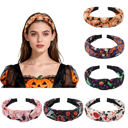 Esitrormi 6 Pcs Halloween Knotted Headbands, Non-Slip Wide Hairbands for Women & Girls, Festive Hair Accessories for Daily & Occasional Styling