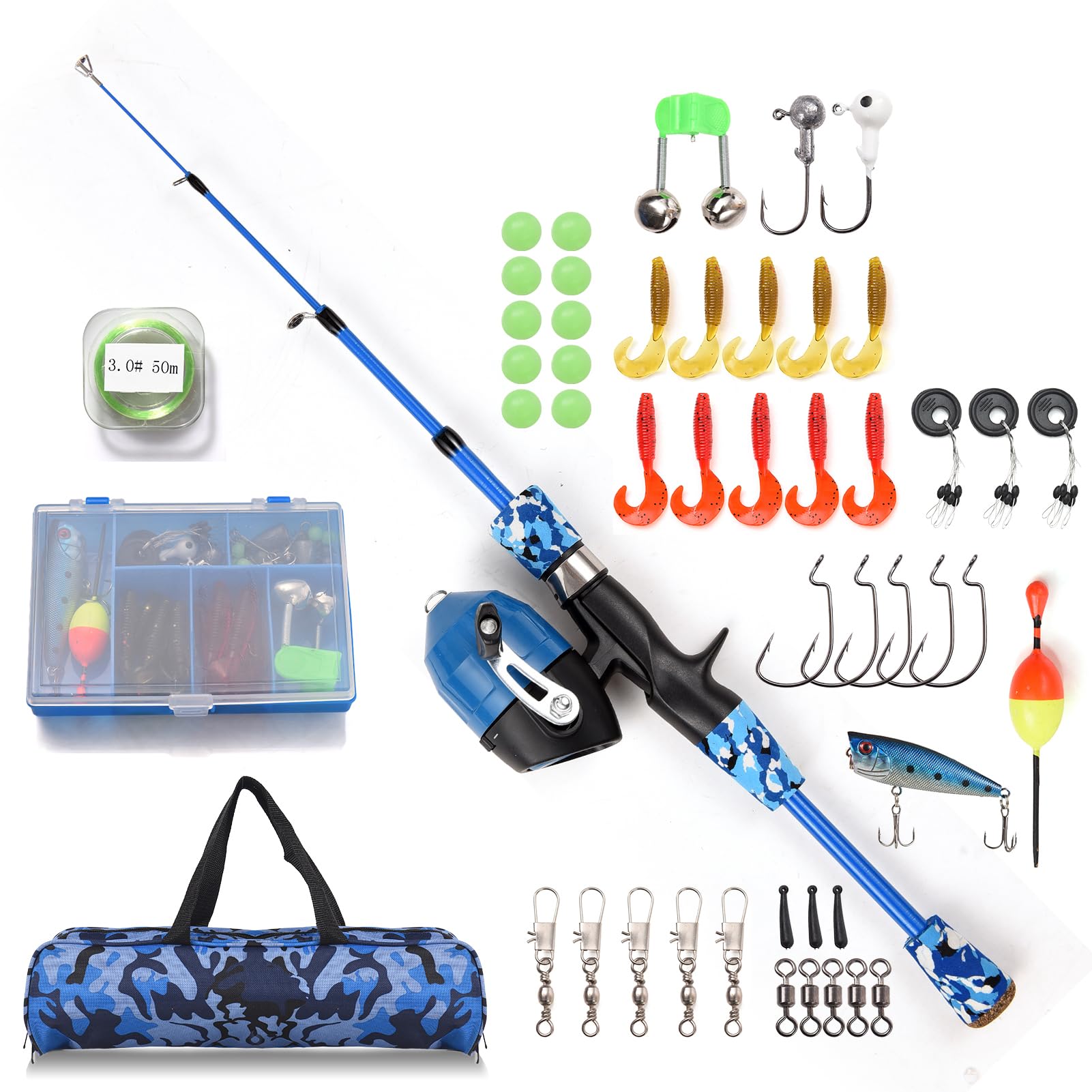 doorslay Kids Fishing Rod and Reel Combo Full Kit 1.2m/1.5m Telescopic Casting Rod Pole with Spincast Reel and Hooks Lures Swivels Carry Bag (Blue, 1.5M 4.92FT)