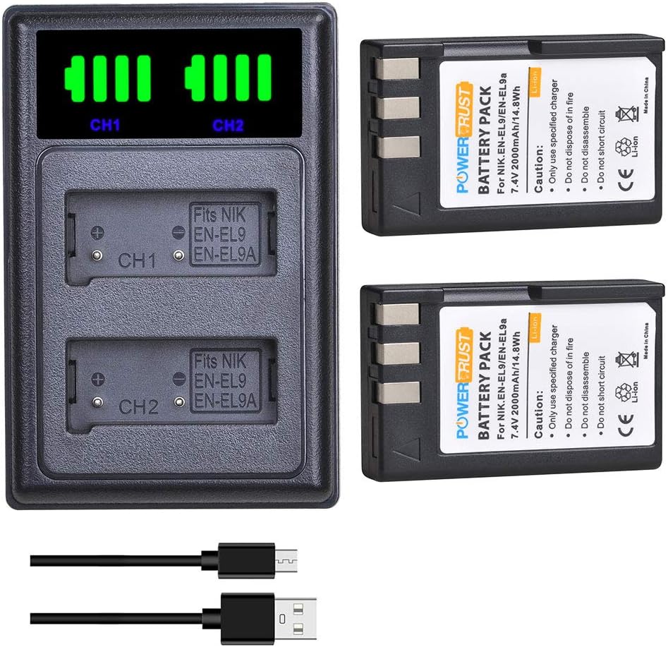 PowerTrust 2Pcs EN-EL9 EN-EL9A Battery and LED Dual Charger for Nikon D5000, D40, D40x, D60, D3000 Camera