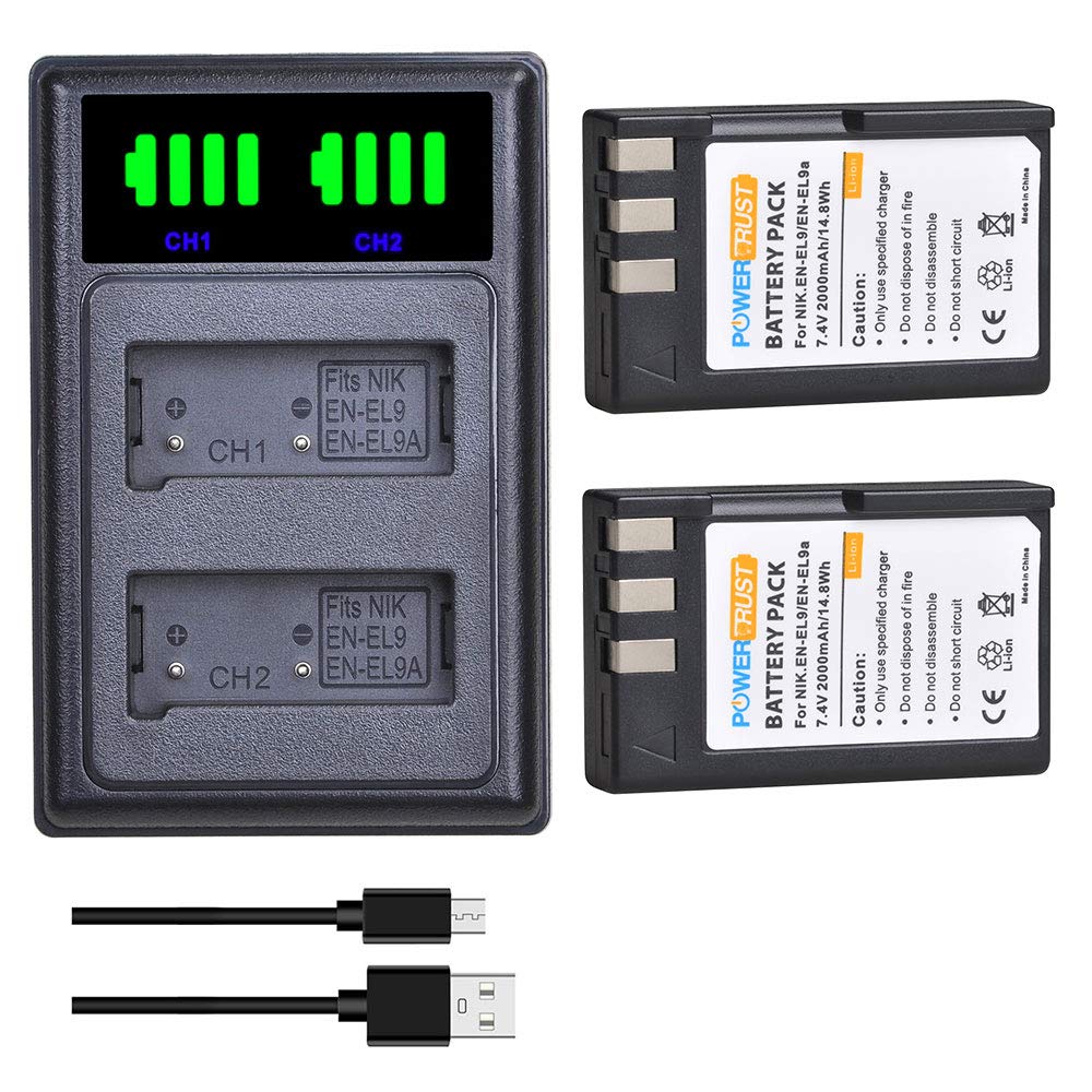 PowerTrust 2Pcs EN-EL9 EN-EL9A Battery and LED Dual Charger for Nikon D5000, D40, D40x, D60, D3000 Camera