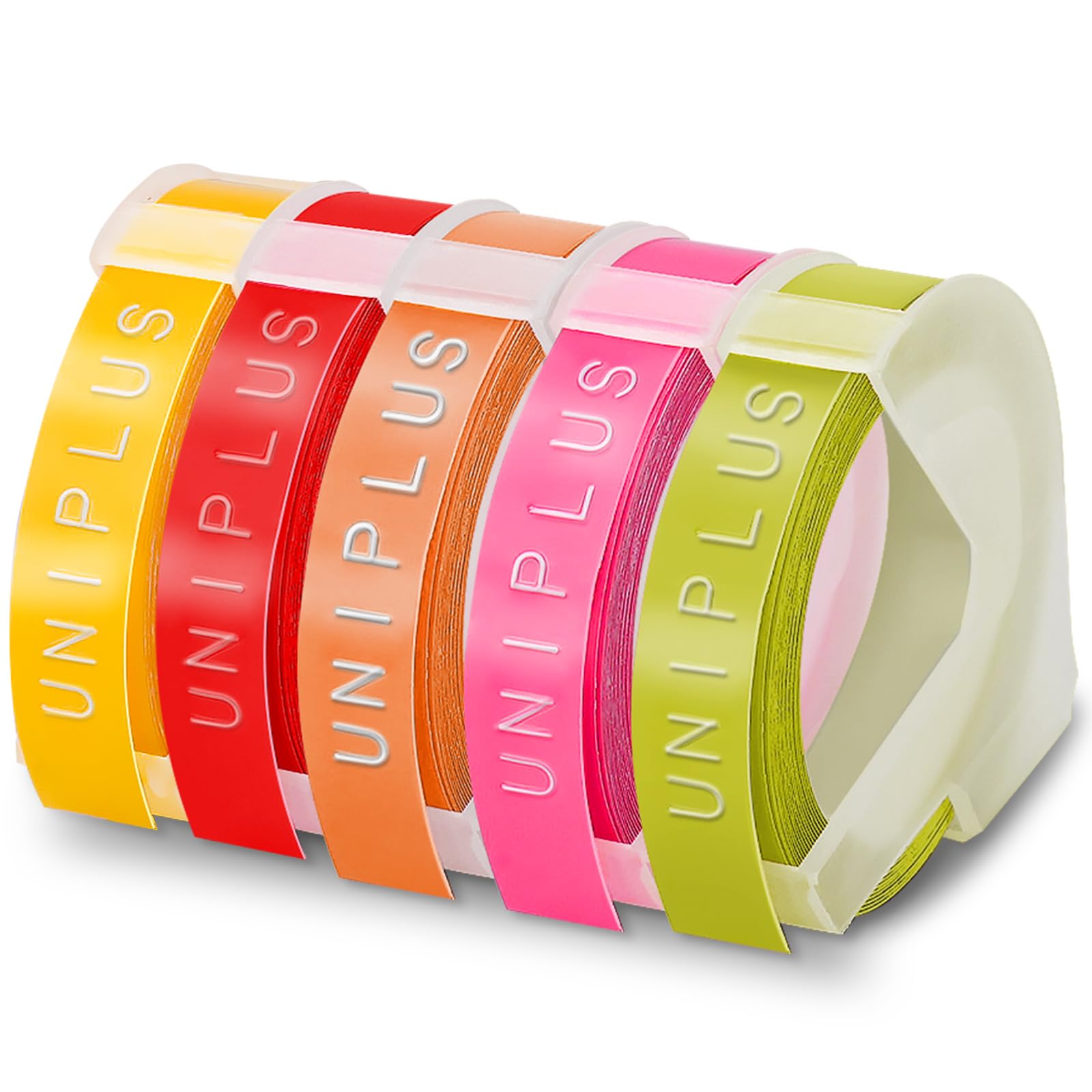 UniPlus Compatible with Embossing Tape Replacement for Omega S0717930 Junior S0717900, 9mm Fluorescent Pink, Orange, Olive Green, Yellow, Red for E-101 E-303 — image 1