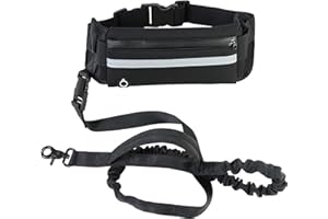 Hands Free Dog Leash with Zipper Pouch for Walking Running Hiking, Waist Leash with Bungee, Adjustable Belt, Reflective Doubl