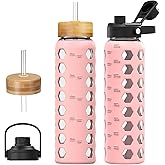 MUKOKO Glass Water Bottles, 32oz Glass Tumbler with Straw, Drinking Bottles with 2 Lids-Handle Spout Lid&Bamboo Straw Lid, Motivational Water Bottle with Time Marker and Silicone Sleeve, 1 Pack-Pink