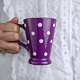 City to Cottage Handmade Purple and White Polka Dot Ceramic Coffee, Tea, Latte Mug, Cup with Large Handle, Unique 7 oz / 200ml Designer Pottery Gift for Tea Lovers