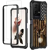 RAUEDWDJS Case for TCL K32/K33 5G 2025 with Tempered Glass Screen Protector,Full-Body Hard PC & Soft TPU Bumper Shockproof Protective Phone Cover-American Flag Deer