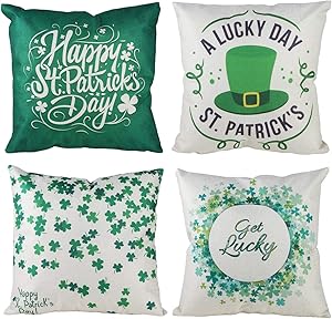 XIECCX Throw Pillow Covers 18x18 Set of 4 Outdoor Pillowcases Summer Home Decorative Pillows for Couch Sofa Bed Breathable Linen with Hidden Zipper(ST.Patrick's Day)