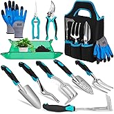 Garden Tool Set with Non Slip Rubber Grip,11 Piece Stainless Steel Gardening Tool Sets,Heavy Duty Outdoor Hand Tools Kit,Durable Tote Bag,Repotting mat,Uprooting Weeding Tool,Ideal Gifts for Women Men