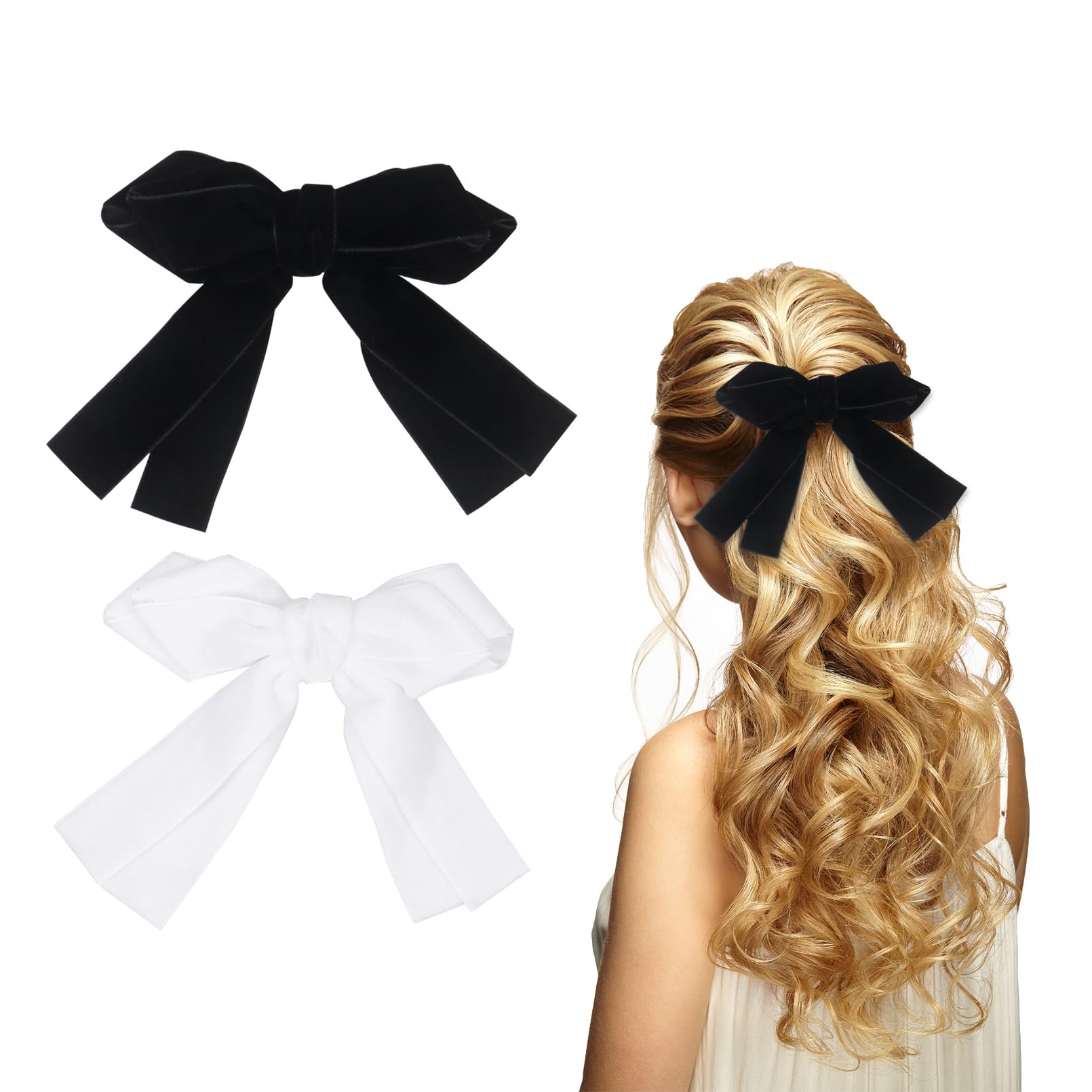 2 Pack Hair Bows for Women Girls 6 Inch Large Bow Hair Clips, Black Bows for Hair(Black, White)