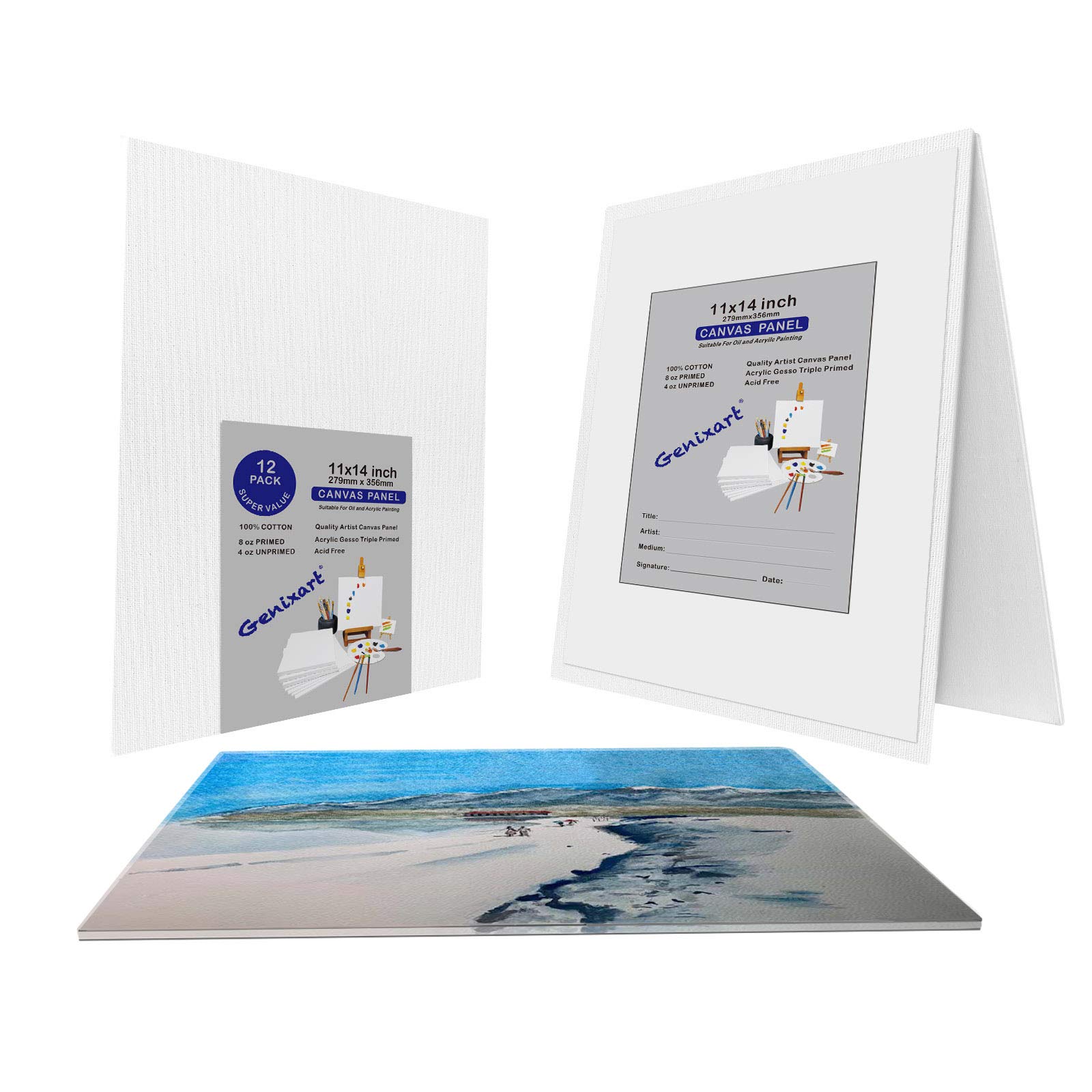 Genixart White Blank Canvas Panels for Art - Primed Artist Canvases Boards for Acrylics & Oils Painting (28x36cm / 11"x14" Inch - 12 Pack)