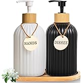 2 Pack ViserVita Glass Hand Soap Dispenser Set with Bamboo Pump, Elegant Refillable Liquid Dish Soap Dispenser with Tray, Perfect for Kitchen Sink and Bathroom Decor