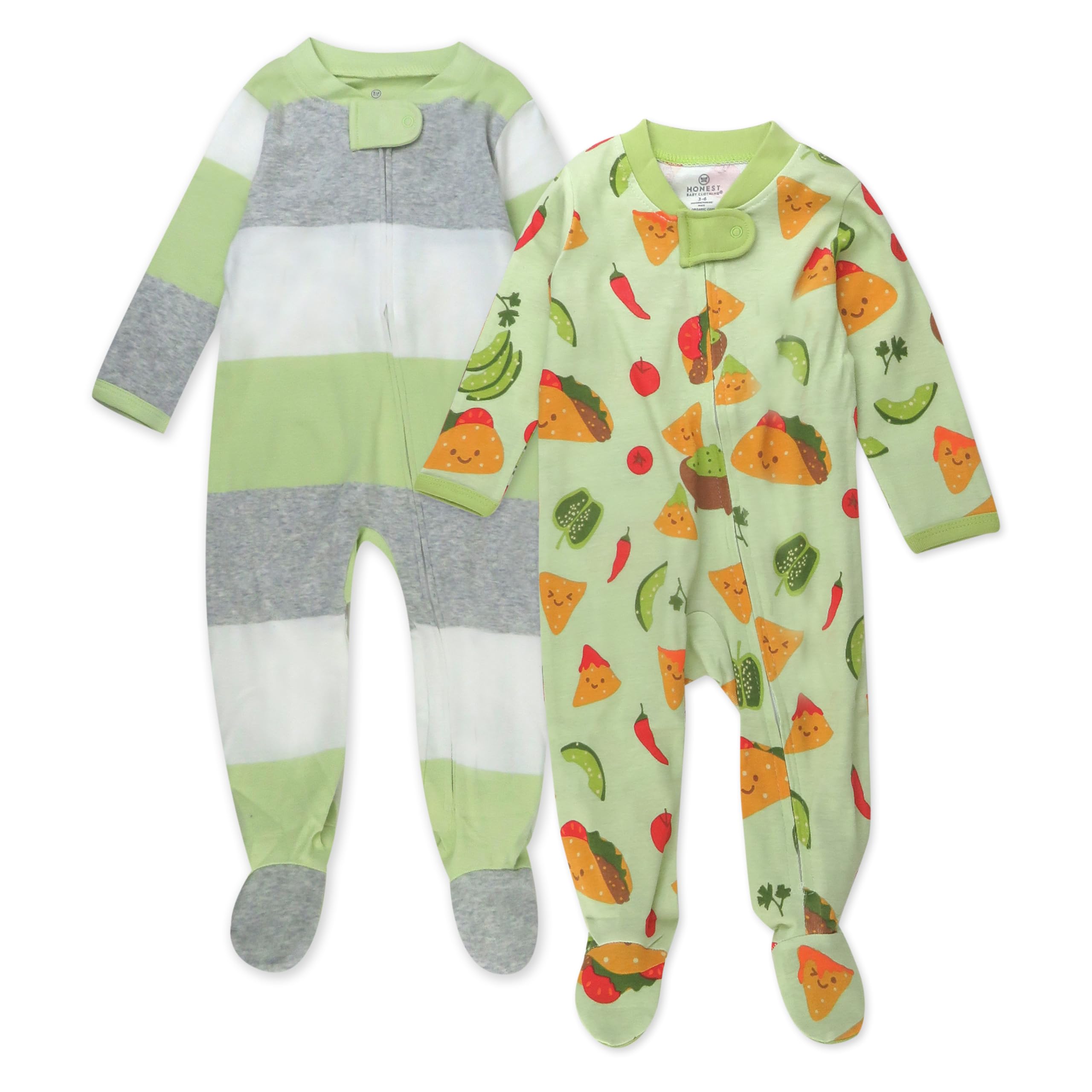 HonestBaby 2-pack Sleep and Play Footed Pajamas One-piece Sleeper Jumpsuit Zip-front Pjs Organic Cotton for Baby Boys, Unisex, Taco Time, 3-6 Months Image