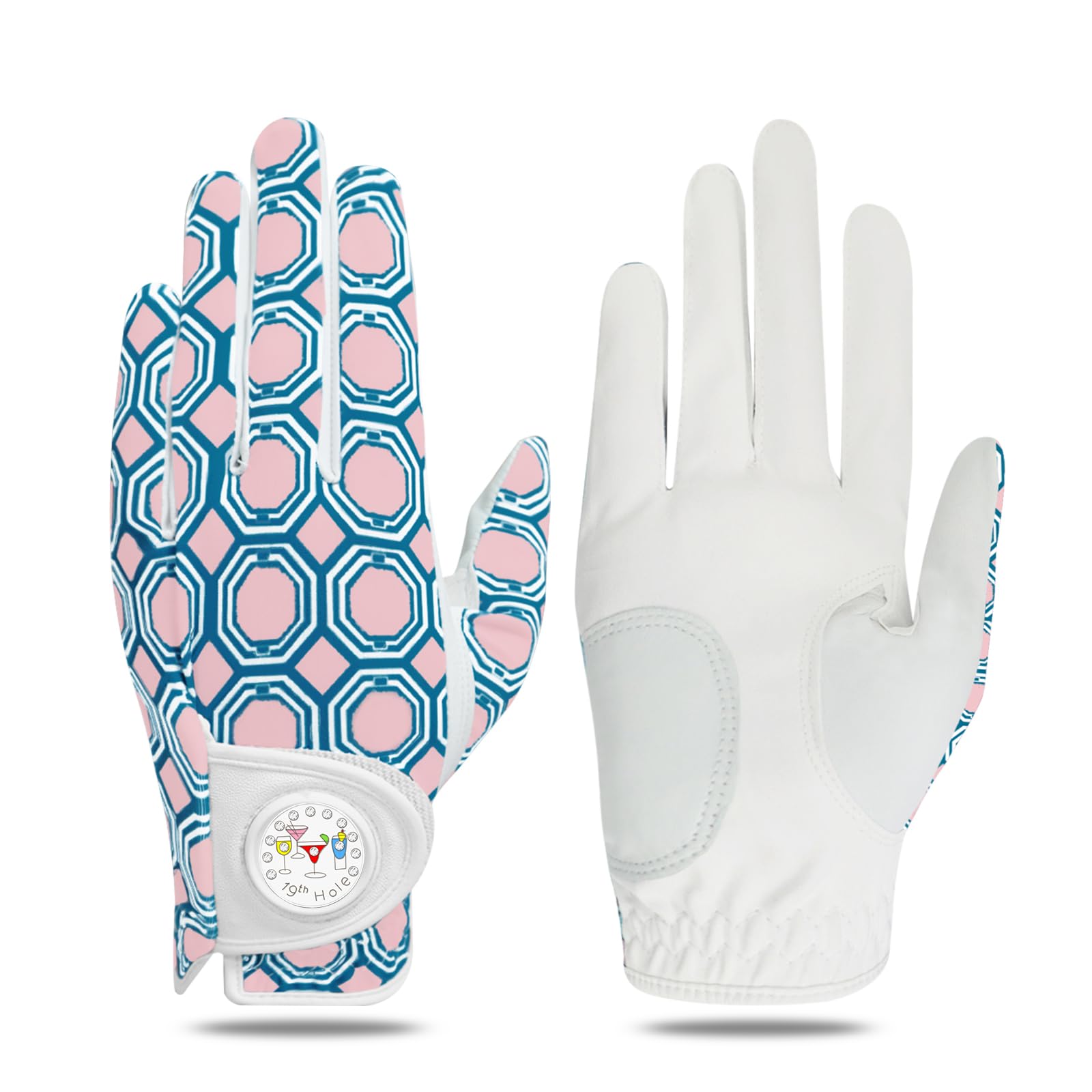 FINGER TEN Women's Golf Gloves - Left & Right Handed, Breathable, All Weather Soft Grip, Anti Slip, with Ball Marker - Pink, L
