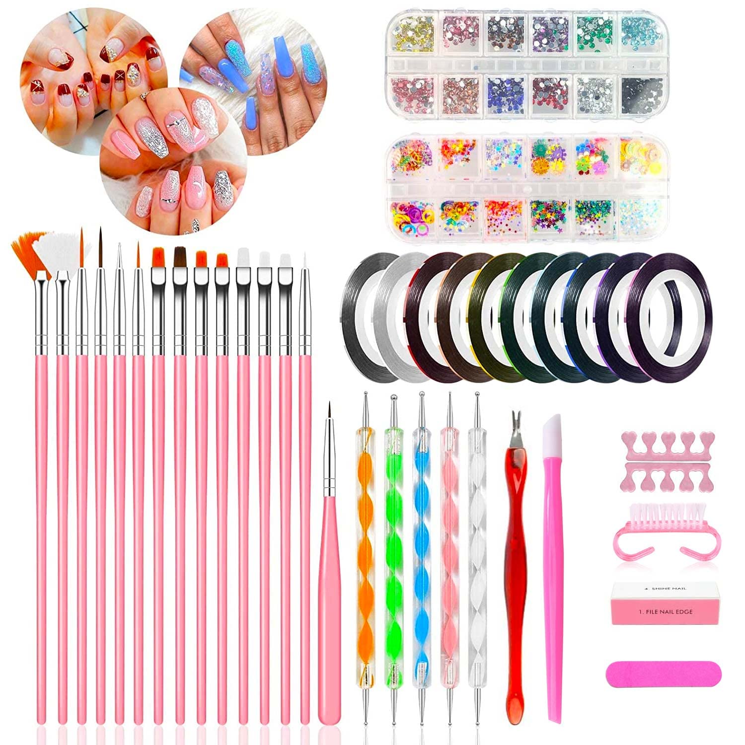 61 PCS Nail Art kit Accessories, 15pcs Nail Art Brushes Nail Pen designing Dotting, Colourful Nail foil, Stripping Manicure Tape, Rhinestone, Nail Glitter Powder, Nail File, Supplies In Nail Art Set