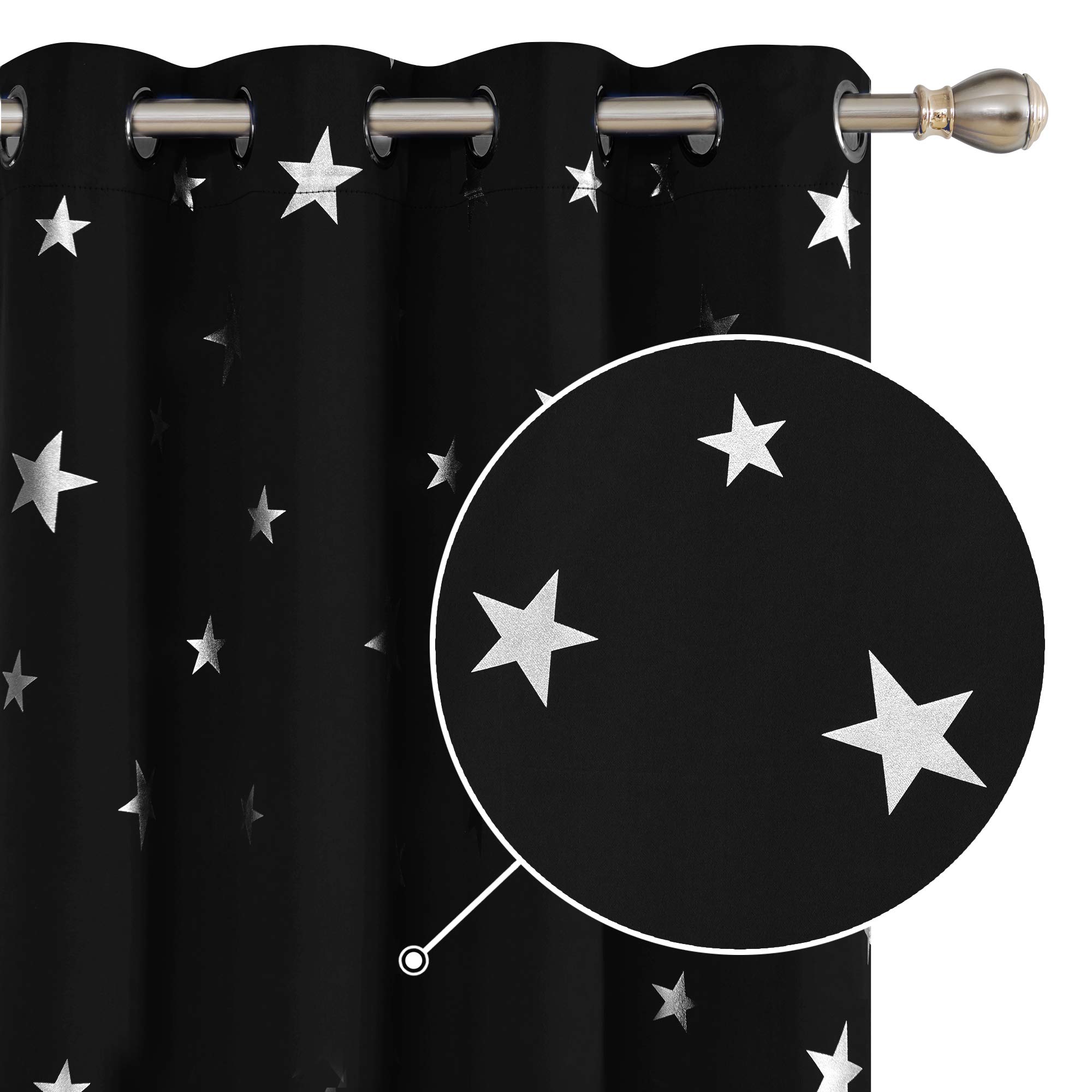 Deconovo Thermal Insulated Star Printed Eyelet Blackout Curtains Bedroom 52 x 54 Inch Drop Black 1 Pair