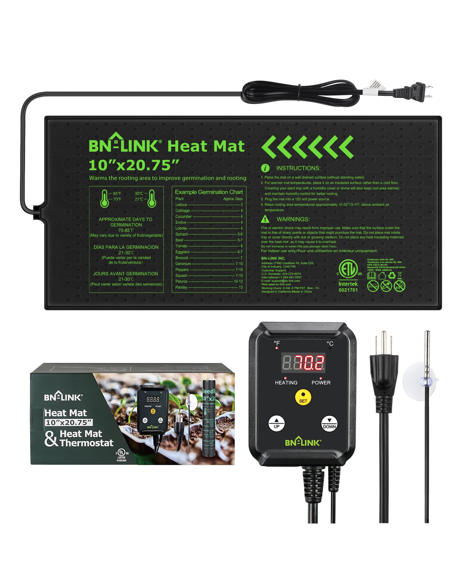 Photo 1 of BN-LINK Seedling Heat Mat with Thermostat Controller Combo Set, 10" x 20.75" Plant Heating Mat for Seed Starting with Temperature Control for Indoor Growing, Plants Germination