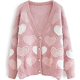 Women's Cute Heart Cardigan Sweaters Love Print Valentin's Day Sweater Button Up Front Oversized Knit Top