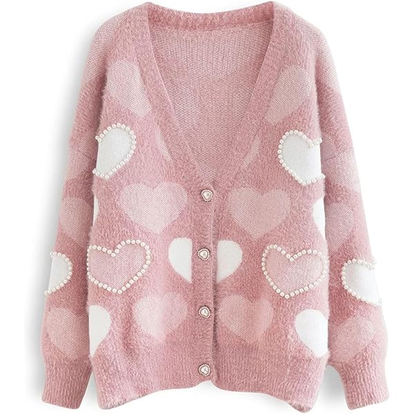 CHICWISH Women Fuzzy Pearl Heart Knit Cardigan Romantic V Neck