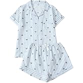 OYOANGLE Women's Striped Heart Print Pajama Set 2 Piece Button Down Sleepwear Short Sleeve Shirt and Shorts Pjs Sets