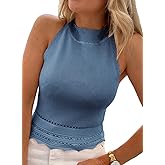 EVALESS Womens Tank Tops Summer Ribbed Knit Racerback High Neck Halter Crop Tops Blouses Sleeveless Slim Basic Cami Shirts