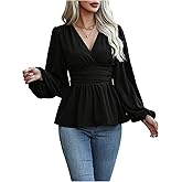 MakeMeChic Women's Wrap Tops V Neck Long Sleeve Shirts Ruffle Peplum Business Casual Work Blouse