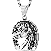 COOLSTEELANDBEYOND Vintage Horse and Horse Shoe Pendant Necklace for Men and Women, Stainless Steel, 30 inches Chain