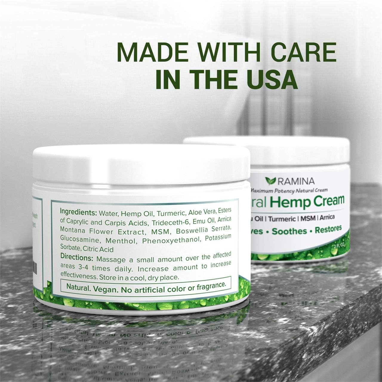 Ramina Natural Hemp Extract Pain Relief Cream - Made in USA - Potent Turmeric, MSM & Arnica - Relieves Inflammation, Muscle, Joint, Back, Knee, Nerves & Arthritis Pain - Non-GMO - 2 fl. oz: Health & Personal Care