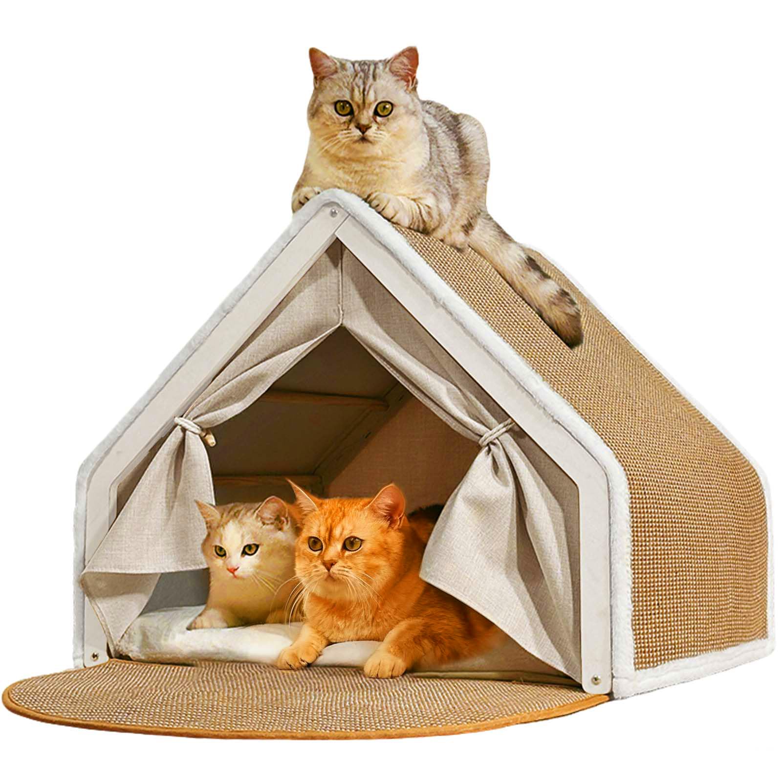Photo 1 of Cat Houses for Indoor Cats - 4 Seasons Cat Bed Cave with Natural Sisal Cat Scratcher Mat, Solid Wood Frame Cat House with Curtains and Cat Floor Scratching Pad Rug, Protect Couch and Carpets, S