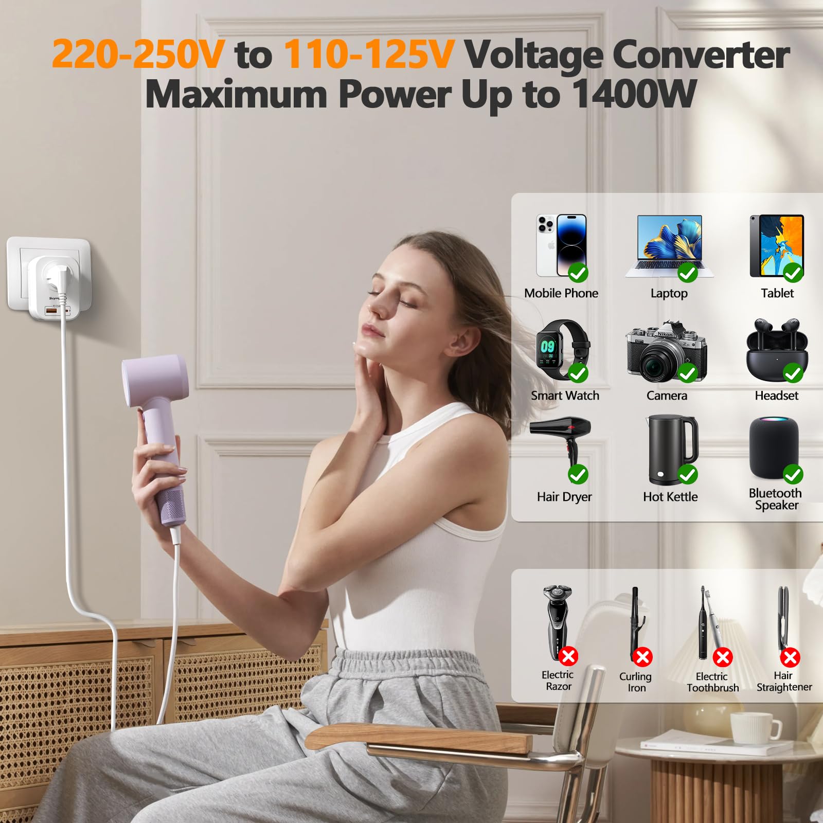 220V to 110V Voltage Converter US to Europe International Universal Travel Adapter, 20W PD With 2 USB-A 2 USB-C Port, Worldwide Power Converter Plug Combo US to Spain Italy Greece WHITE-N