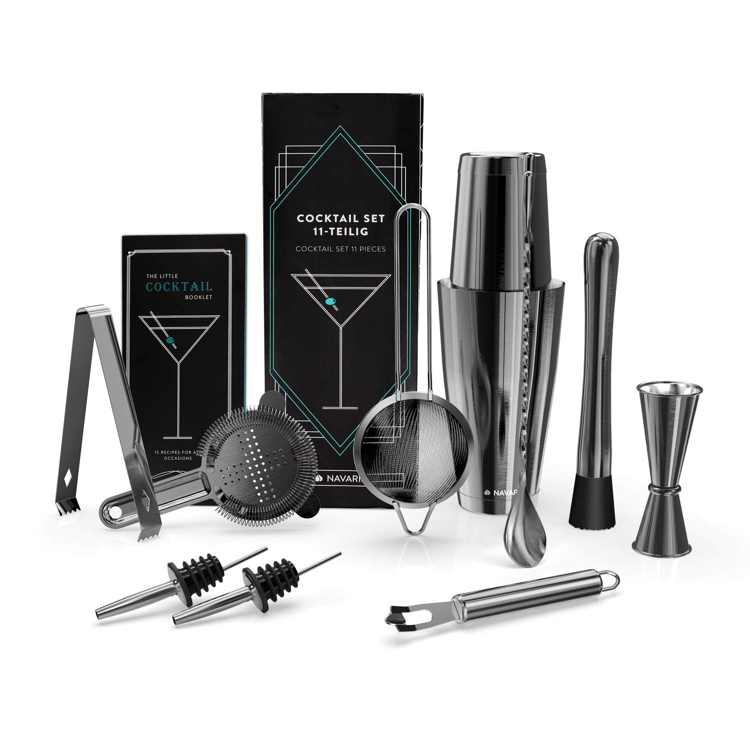 Navaris Cocktail Mixing Set (11 Pieces) - Stainless Steel Cocktail Shaker Set w/Boston Shaker, Strainers, Muddler, Home Bar Accessories - Dark Grey