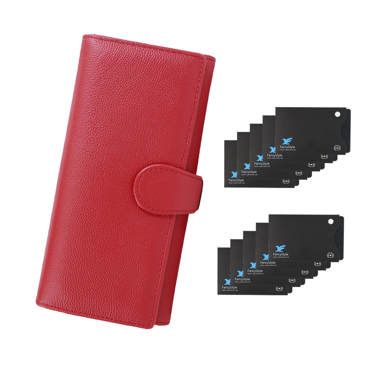 RFID Wallets for Women Leather Trifold Long Large Travel Clutch Purse with 10 Sleeves Red