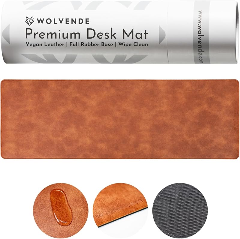 Wolvende Premium Distressed Faux Vegan Leather Desk Mat Tan 30x90cm