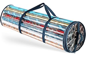 Hearth & Harbor Wrapping Paper Storage Container - Clear Wrapping Paper Holder Fits Up To 14 Rolls of 40" - Tear Proof Gift Wrap Organizer - Premium Bag for Easy Carrying, Blue