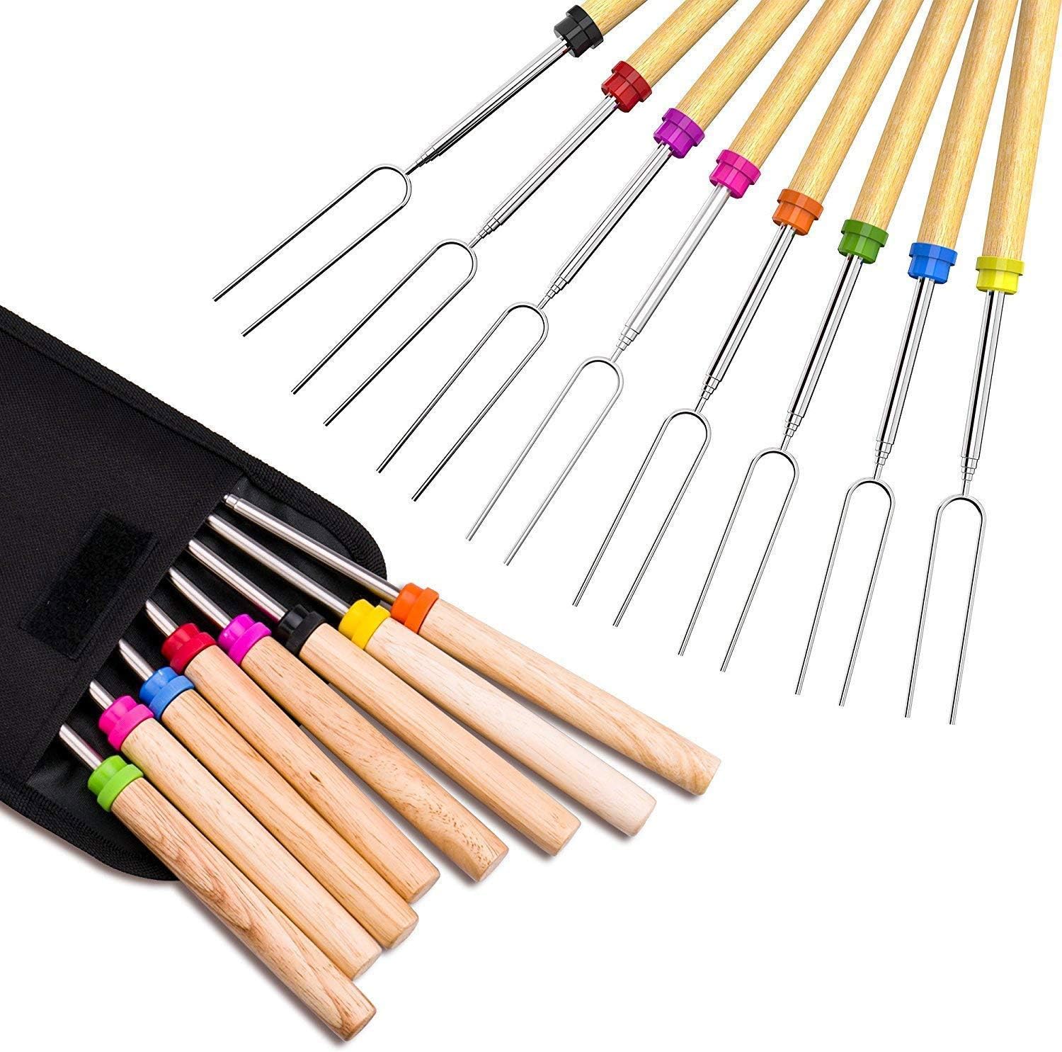 Newthinking Roasting Sticks Marshmallow Roasting 32 Inch Telescopic Bbq Roasting Forks Stainless Steel With Coloured Wooden Handle Hot Dog Forks Barbecue Accessories With Carrying Bag For Camping Amazon Co Uk Garden Outdoors