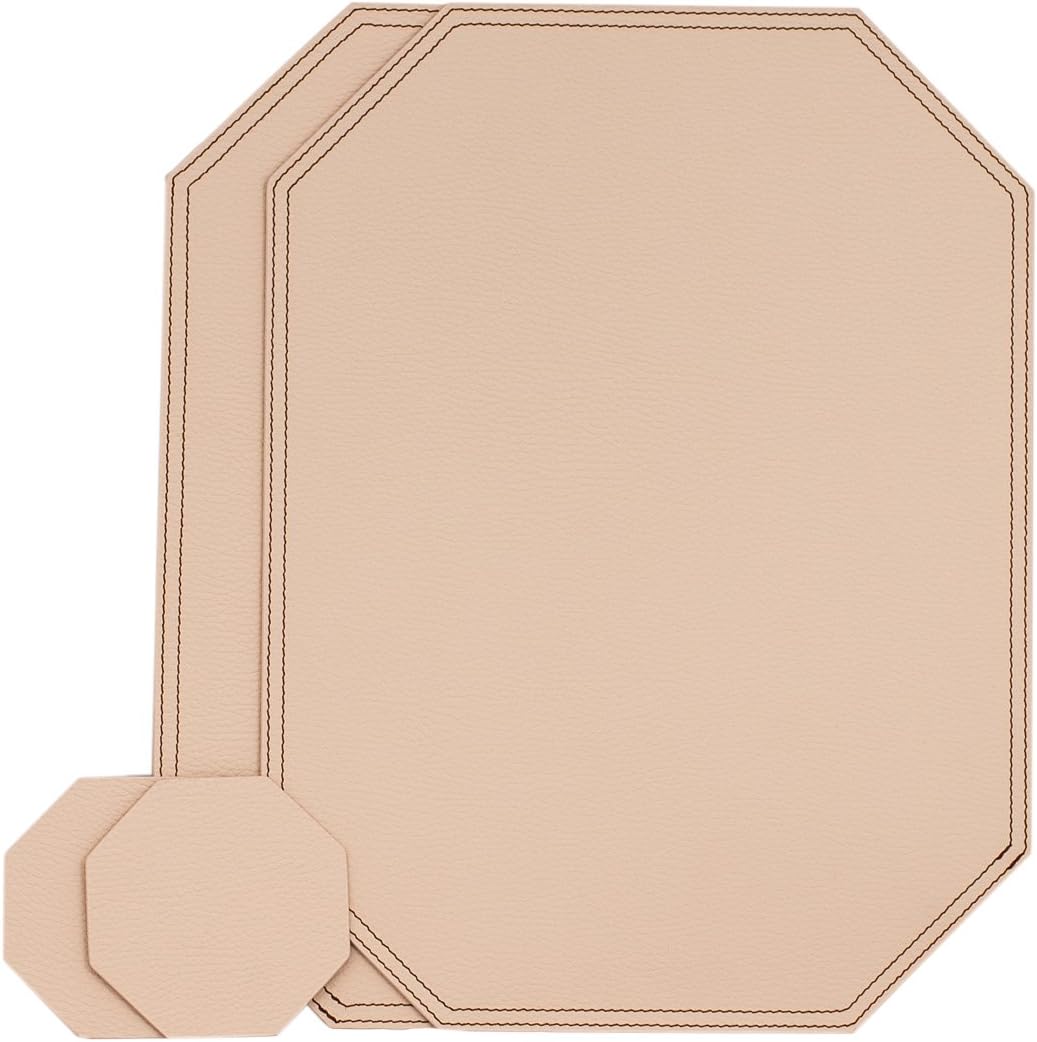 Nikalaz Octagon Placemats and Coasters Set of 2, Recycled Leather Place mats, Table mats, placemats 40 * 30cm, coasters 10 * 10cm (Creamy White)