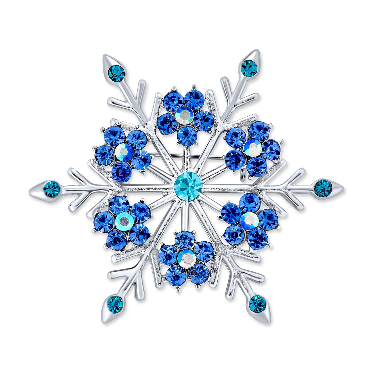 Large Multi Color Ice Blue Frozen Winter Flower Snowflake Brooch Pin For Women Crystal Holiday Party Frozen Winter Rhodium Plated Alloy
