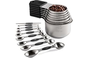 TUREWIN Magnetic Measuring Cups and Spoons Set Including 7 Stainless Steel Stackable Measuring Cup 8 Double Sided Magnetic Measuring Spoons with 1 Leveler for Dry and Liquid Ingredients (black)