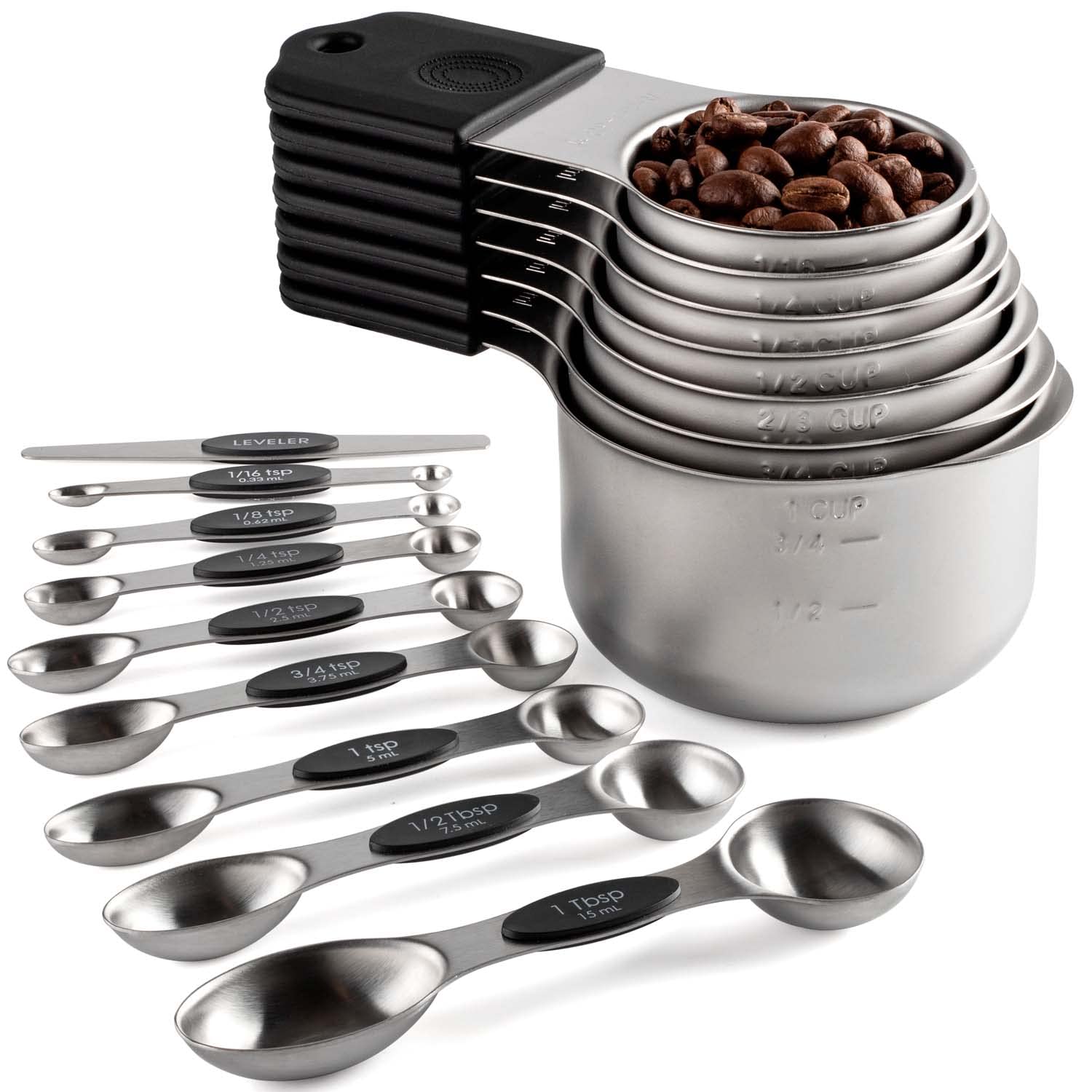Magnetic Measuring Cups and Spoons Set Including 7 Stainless Steel Stackable Measuring Cup 8 Double Sided Magnetic Measuring Spoons with 1 Leveler for Dry and Liquid Ingredients (Black) (Black) — image 1