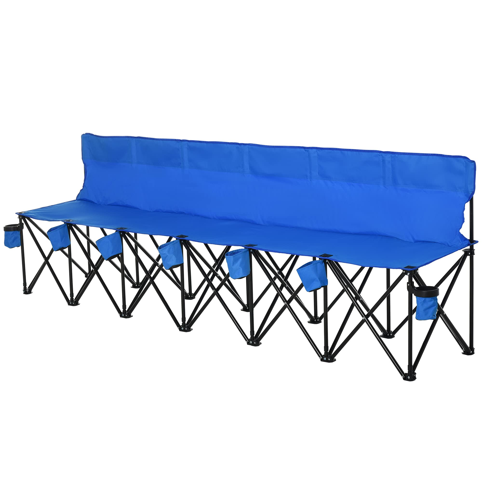 Outsunny 6 Seater Folding Bench, Outdoor Camping Chair Portable Sports Spectator Chair with Steel Frame, Cup Holder & Carry Bag, Blue