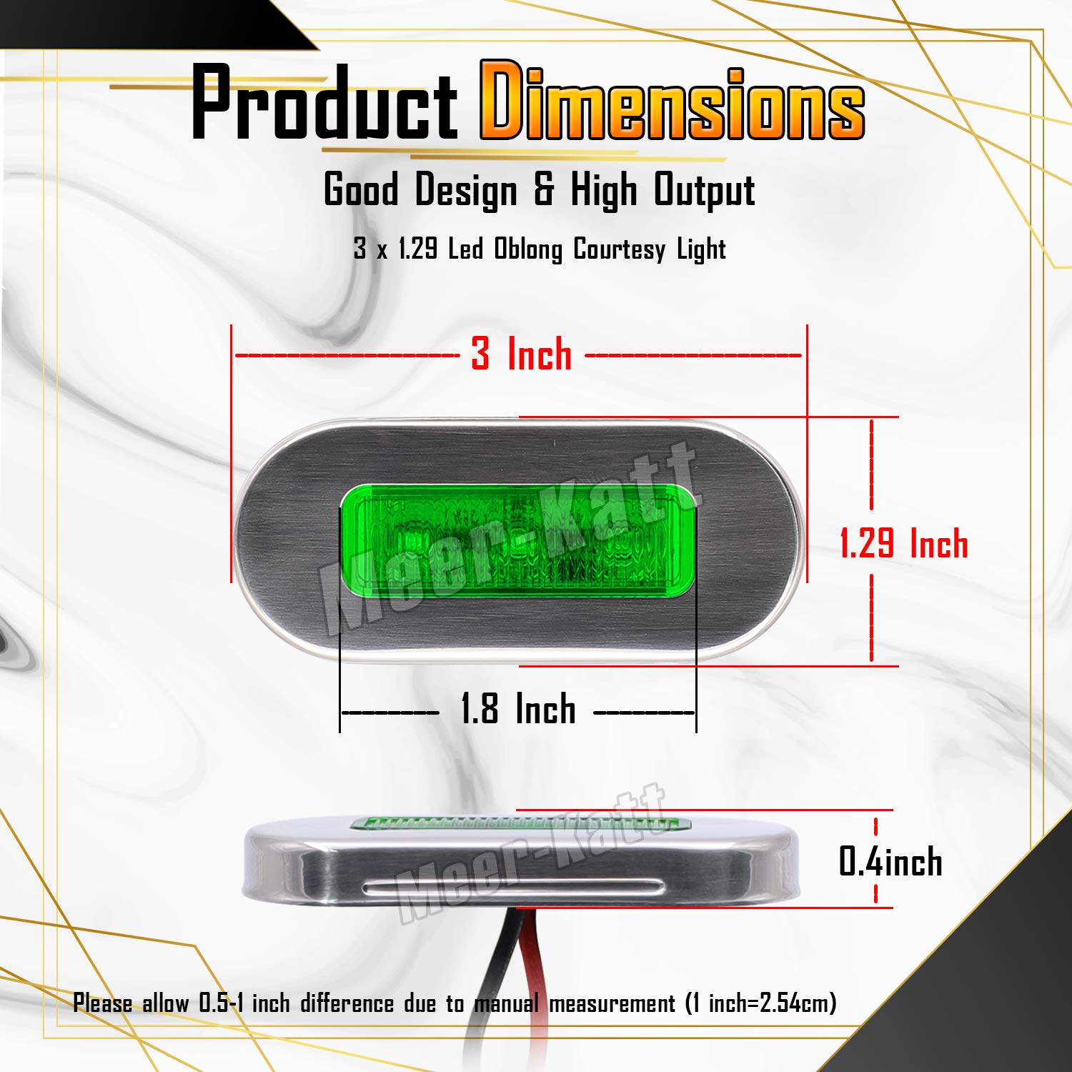Meerkatt (Pack of 10) 3 Inch Oblong Amber LED Marine Courtesy Light Sealed Flush Mount Clearance Lamp for Yacht Stair Deck Garden Boat RV Cabin Truck Waterproof 12V DC with Chrome Stainless Bezel UV12