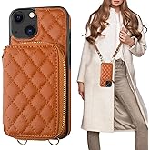 Bocasal Crossbody Wallet Case for iPhone 13, RFID Blocking PU Leather Zipper Handbag Purse Flip Cover, Kickstand Folio Case with Card Slots Holder Wrist Strap Lanyard 5G 6.1 Inch (Brown)